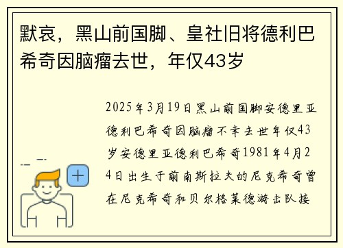 默哀，黑山前国脚、皇社旧将德利巴希奇因脑瘤去世，年仅43岁